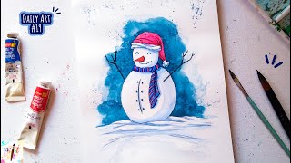 Christmas Special Snow Man Watercolor Illustration / Frosty  Winter Evening With Snowman / Paint It