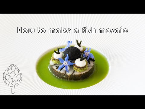 Mosaic fish dish with a cucumber broth and pommes soufflé