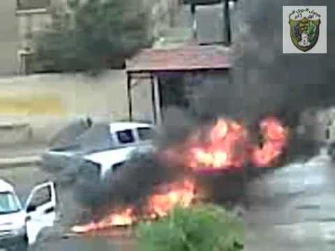 عملية نوعية لكتيبة مغاوير العاصي احراق عربة جيب لقوات النظام في حي طريق حلب في حماة