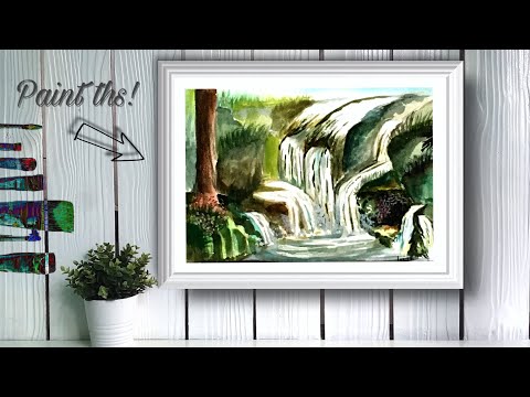Watercolor Painting - Jungle Waterfall Natural scenery - No talk - Silent and calm Landscape!