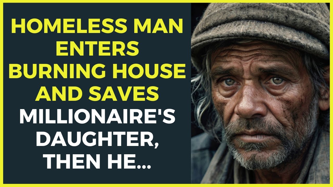 A homeless man enters the burning house and saves a millionaire's daughter, then he