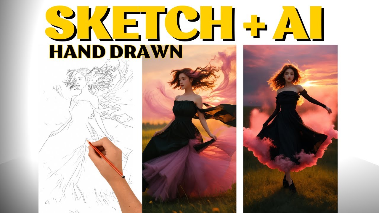 From Doodle to Masterpiece: AI Creates Stunning Pink Sunset Girl Portrait #ai #youtube #shortsart