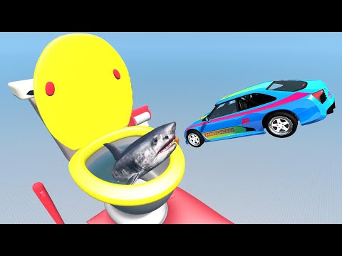 Cars Jump into the Toilet with Shark - BeamNG.Drive