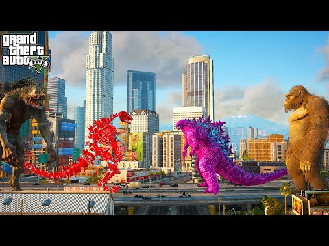 Pink Godzilla Giant and KingKong vs Red Skeleton Godzilla and Giant Varcolac - GTA V Mods