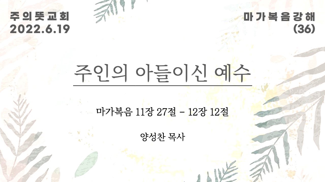 마가복음 강해(36), 주인의 아들이신 예수, 마가복음 11장 27절  - 12장 12절, 양성찬 목사, 주… 영상 썸네일