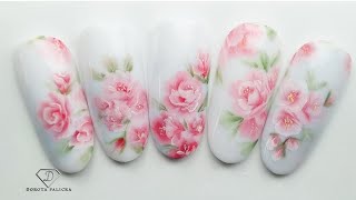 One stroke roses nail art with acrylic paints. 