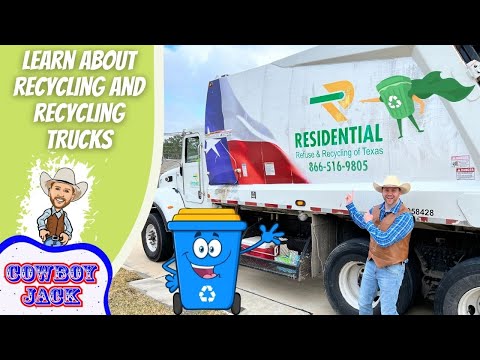 Colorful banner promoting recycling; a truck with Texas recycling logo, a waving cartoon recycling bin, and a cowboy mascot beside a smiling man in a hat.