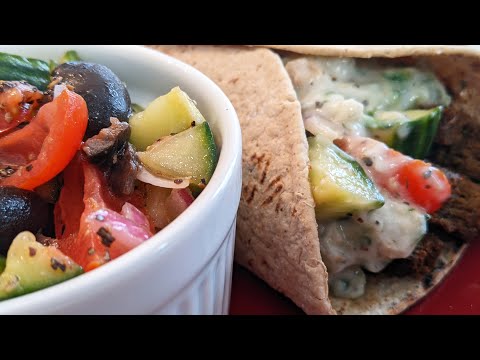 Healthier Greek Turkey Gyros with Non-Dairy Tzatziki Sauce and Tomato & Cucumber Salad