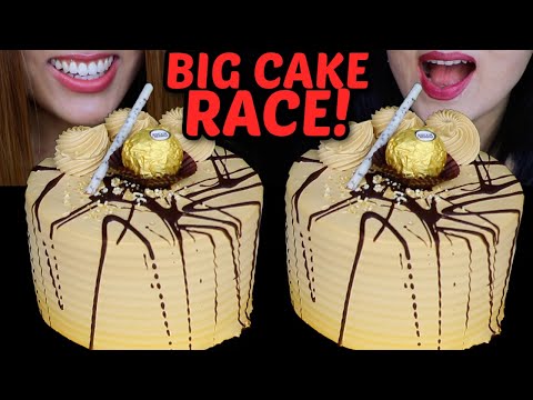 ASMR BIG CHOCOLATE CAKE RACE! *big bites* soft eating sounds 먹방