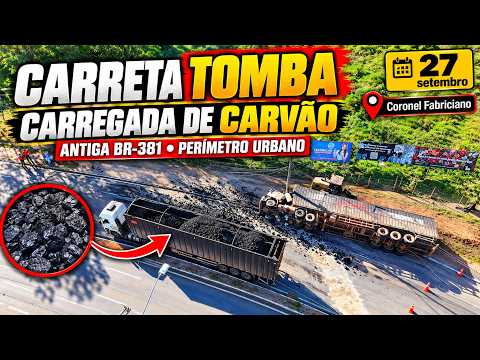 [BR-381] Carreta com carvão tomba após atingir poste na “Curva da Mo%te”, em Coronel Fabriciano