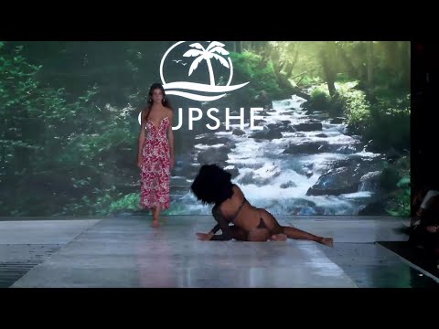 Model FALLS during Cupshe Miami Swim Week 2023 Fashion Show – 2 angles of view