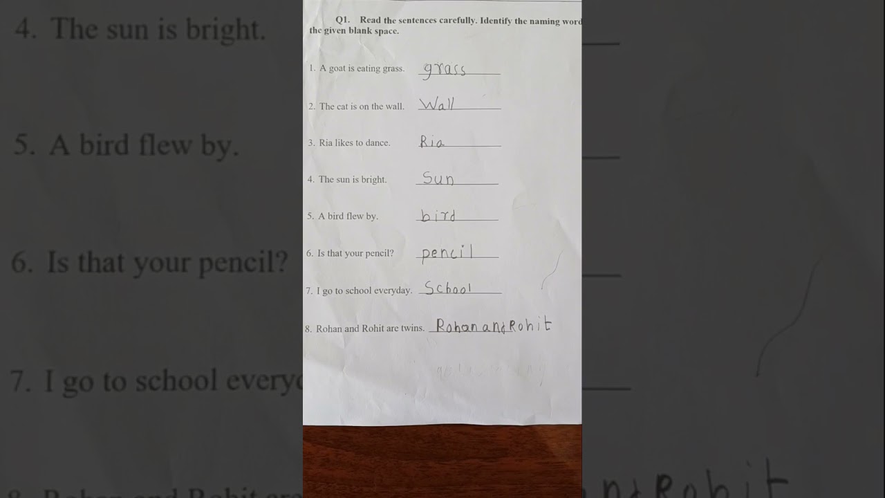 Naming words Worksheet for class 1 #shorts #englishgrammar Class-1 Grammar Sample Paper