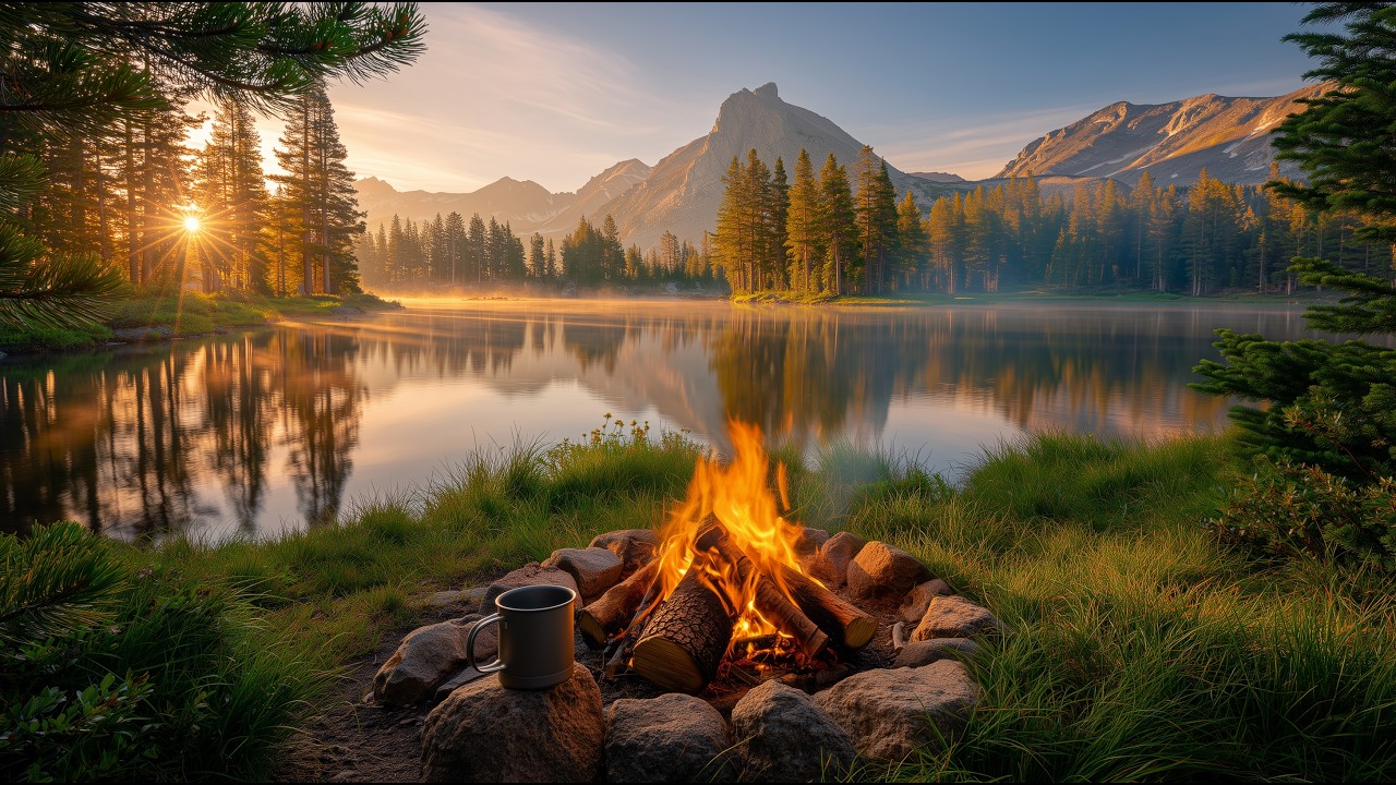 Peaceful Sunrise Campfire by Mountain Lake with Calm Nature Sounds and Relaxing Atmosphere 🌄🔥
