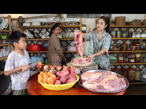 Sreypov Life Show : Delicious beef curry eat with Cambodia noodle | Family food cooking