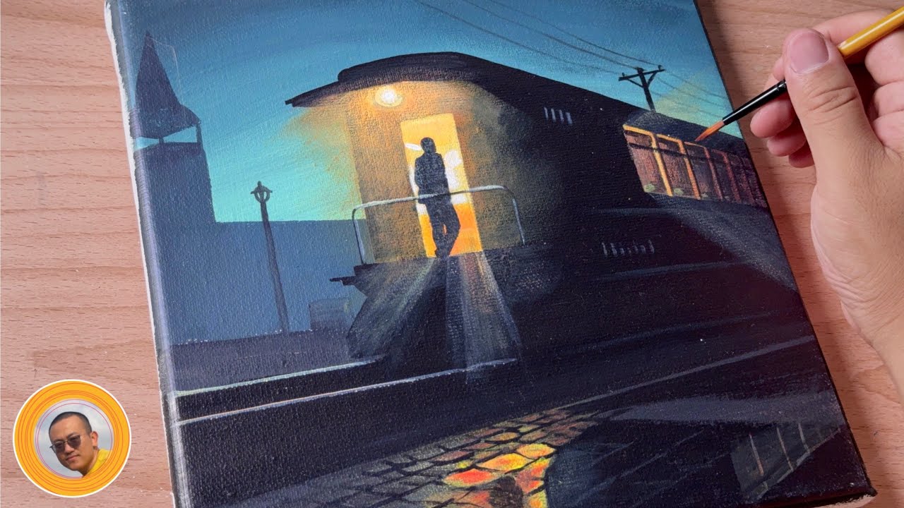How to Draw a Train Carriage in the Middle of the Night/Acrylic Painting for Beginners