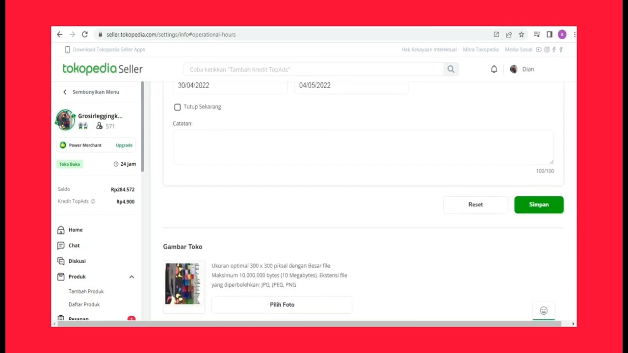 Cara tutup toko mode liburan di Seller center Tokopedia