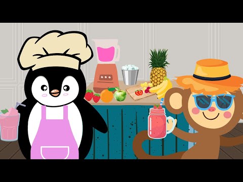Smoothie Song | Learn Fruits | Penguins in the Kitchen🥤🍓🍌🟠🍏🍍🐧🐵