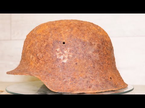 Rusty German Helmet Restoration. Preservation in Oxalic Acid