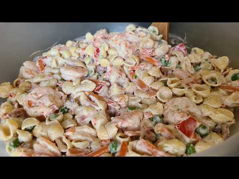 Shrimp bacon ranch pasta salad | Pasta shells shrimp carrots and peas in a mayonnaise- ranch sauce
