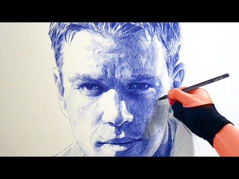 Matt Damon Portrait Drawing – Ballpoint Pen