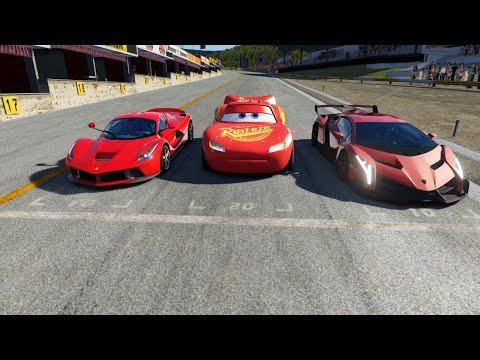 Lightning McQueen vs Ferrari LaFerrari vs Lamborghini Veneno at Old Spa