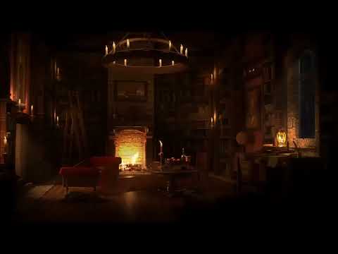 Ancient Library Room   Relaxing Thunder & Rain Sounds, Crackling Fireplace for Sleeping for Study