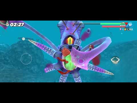 I DEFEATED BOSS SQUID IN BOSS BATTLE IN HUNGRY SHARK WORLD.