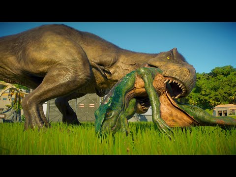 TYRANNOSAURUS REX vs LARGE & MEDIUM CARNIVORE DINOSAURS BATTLE ROYALE - Jurassic World Evolution 2