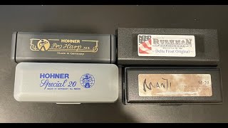 Video thumbnail for Ken Leiboff compares Hohner Special 20, Hohner Pro Harp, Bushman Delta Frost and Suzuki Manji by Ken Leiboff