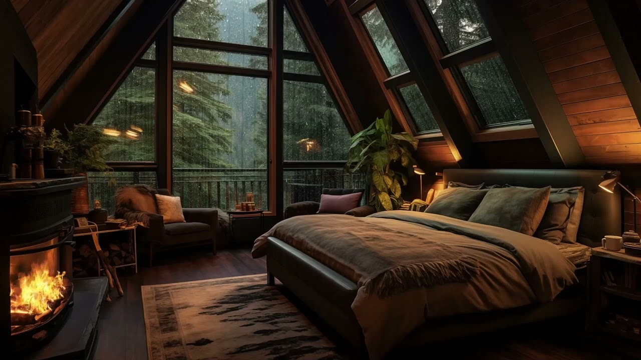 Chill cabin bedroom with rain and fire crackling - 3 hours