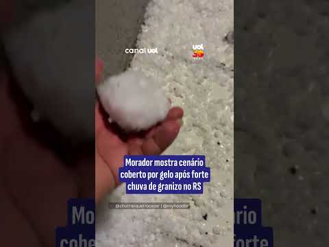 Morador mostra cenário coberto por gelo após forte chuva de granizo no RS