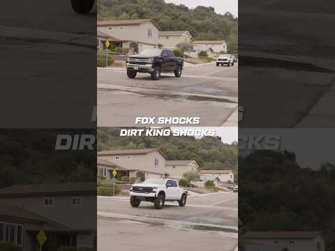 Dirt King 2.5 DCA vs Fox 2.5 Elite shocks for 2019+ GM 1500s highlighting body control differences.