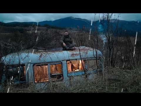 Turning an Abandoned Bus into a Cozy Shelter | DIY Sink, Fire & Rainy Evening