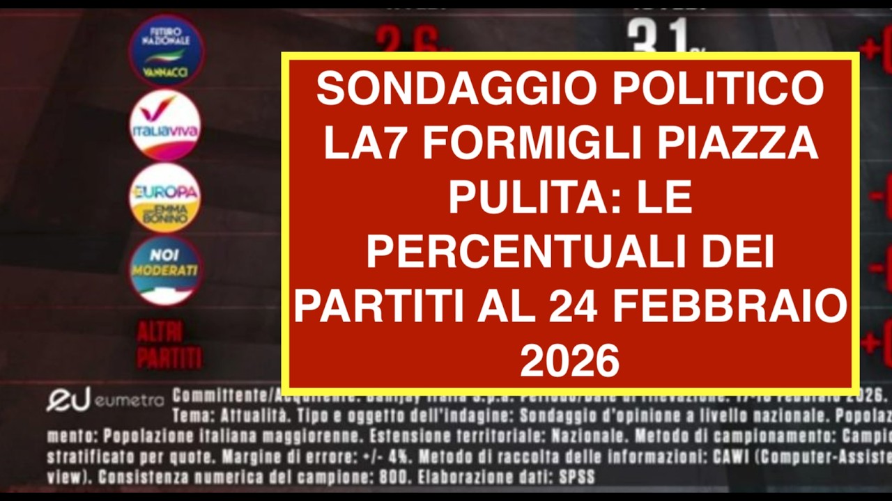 SONDAGGIO POLITICO LA7 FORMIGLI PIAZZA PULITA: LE PERCENTUALI DEI PARTITI AL 24 FEBBRAIO 2026