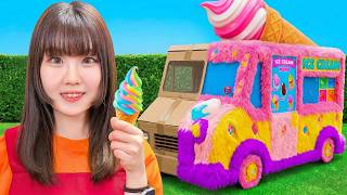 おいしいアイスクリームはいかが？ダンボールでアイス屋さん作り！？キラキラかわいいシールが大量のシール屋さんも！キミはどっちのお店屋さんに行きたい？【チャレンジ】