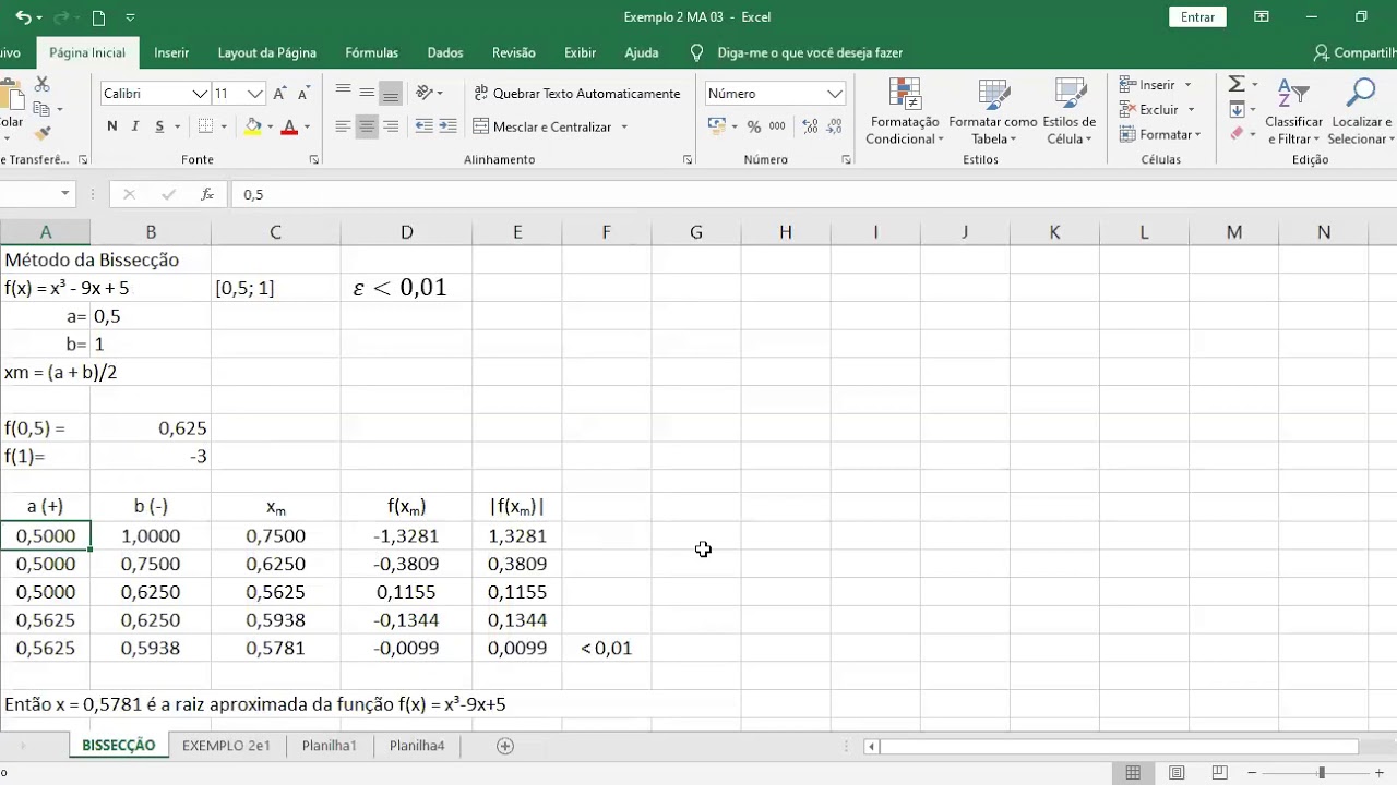 zero de funções - método da bissecção com Excel