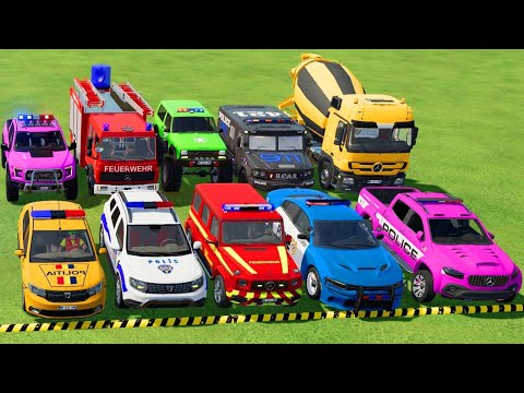 TRANSPORTING POLICE CARS, AMBULANCE, FIRE TRUCK, COLORFUL CARS WITH TRUCK -FARMING SIMULATOR 22!