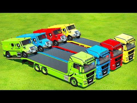 TRUCKS OF COLORS ! TRANSPORT ARMORED TRUCKS & MONEY BAG WITH MAN TRUCKS - Farming Simulator 22