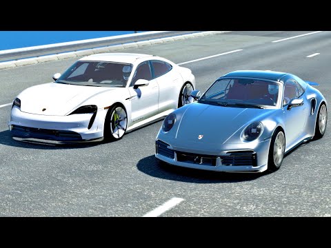 Porsche 911 Turbo S 2020 vs Porsche Taycan Turbo S - Drag Race 20 KM