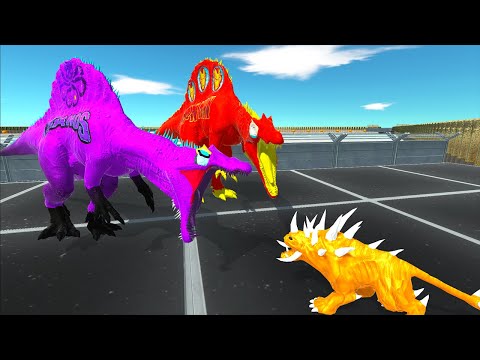 IRON MAN SPINOSAURUS VS PURPLE THANOS SPINOSAURUS DEATH RUN - Animal Revolt Battle Simulator