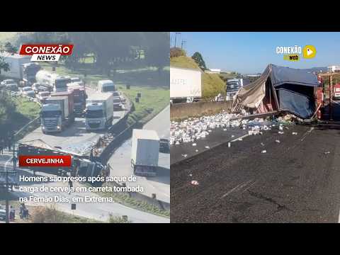 Vídeo: Homens são presos após saque de carga de cerveja em carreta tombada na Fernão Dias, em Extrema.