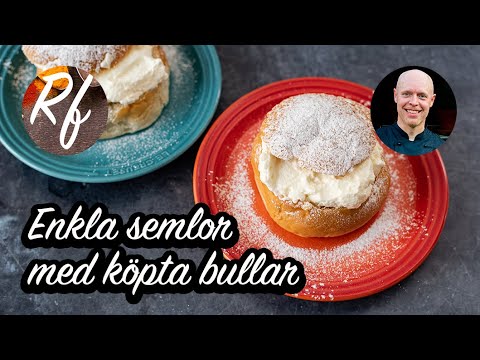 Enkla och snabba semlor med köpta bullar, färdig mandelfyllning och vispad grädde. Blir goda semlor även om du ej har tid eller lust att baka egna bullar till semlorna.  >