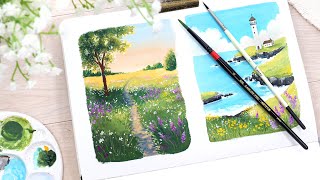 🌼 Easy Mini Gouache Painting Tutorial // Flower Field Landscape