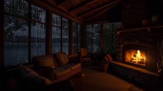 Rainy Night on a Cabin Porch by the Lake Forest | Calm Firelight and Peaceful Nature Sound