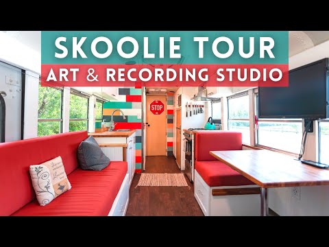 🔥 Skoolie Conversion Tour | We turned a BUS into a tiny house & mobile STUDIO on Wheels!