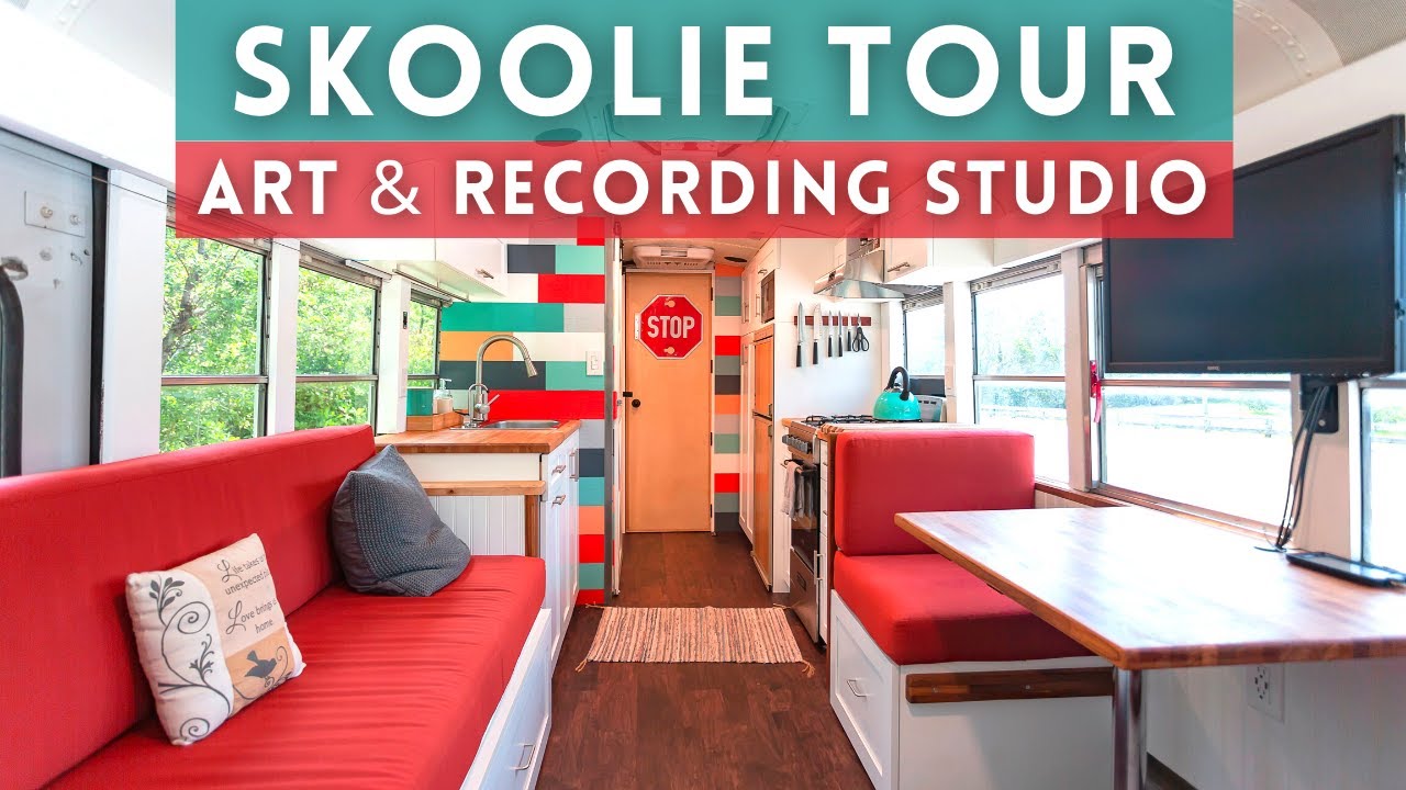 🔥 Skoolie Conversion Tour | We turned a BUS into a tiny house & mobile STUDIO on Wheels!
