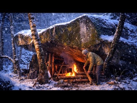 Extreme Winter Bushcraft Camping | Survival Shelter Under a Massive Rock