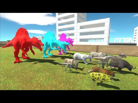 Units trying to escape from Neon Spinosaurus Team - Animal Revolt Battle Simulator