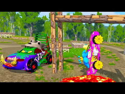 Monster Car vs Pink Cartoon Car Over Lava Trap – BeamNG Drive Crazy Challenge! 😱