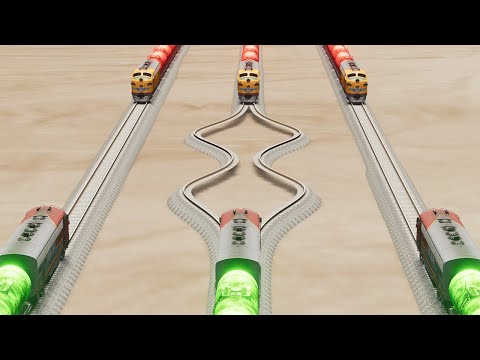 Impossible Wide Splitting Rail Tracks Vs Trains Crossing Giant Pit Crossover - BeamNG.Drive